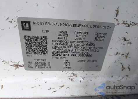 2020 Chevrolet Equinox Fwd Lt 1.5L Turbo из США, поврежденный, VIN 3GNAXKEV8LS587990